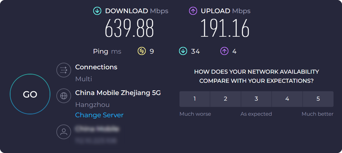 寝室网速测试结果：上行639.88Mbps，下行191.16Mbps